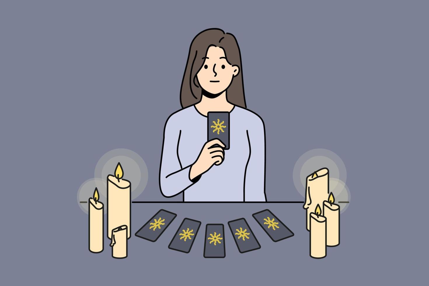 vrouw waarzegger zitten Bij tafel met kaarten voorspellen toekomst. heks of goochelaar vertellen fortuin met tarot kaarten. vector illustratie.