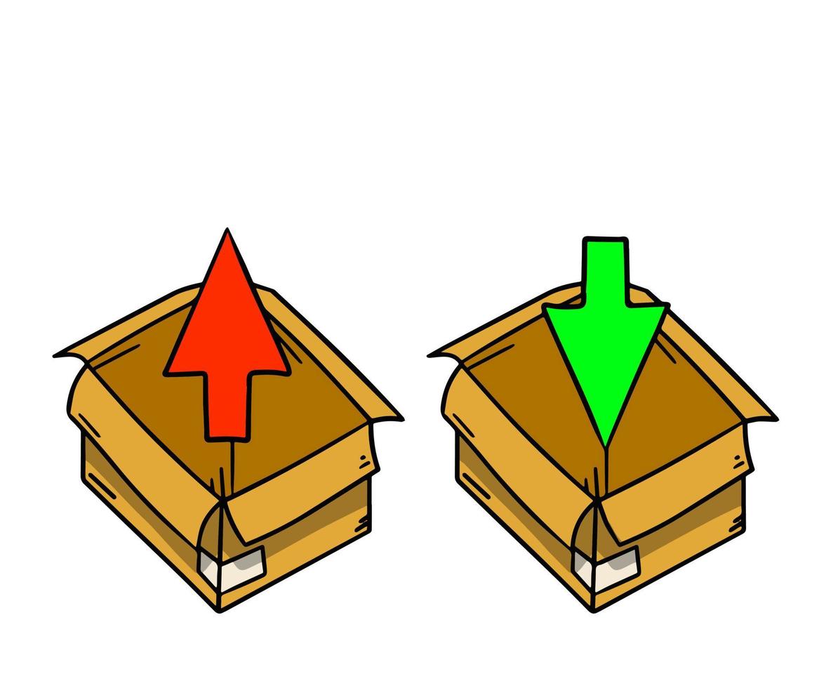 Open doos. reeks van karton containers. een leeg pakket. pakket en mail. rood en groen pijl voor inpakken en uitpakken. regeling van actie. vector