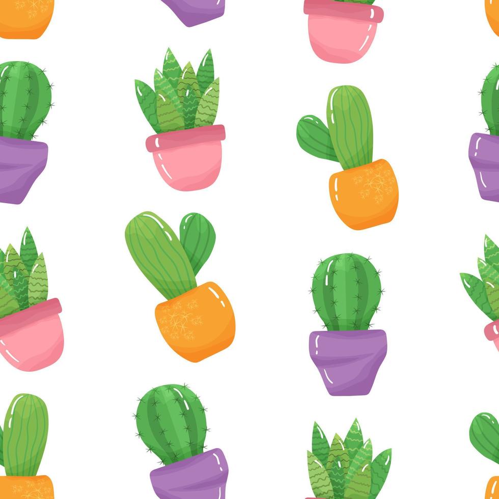 naadloos patroon met tekenfilm ingemaakt kamerplanten - schattig groen cactussen met stekels in oranje, roze, Purper potten Aan wit achtergrond. vector