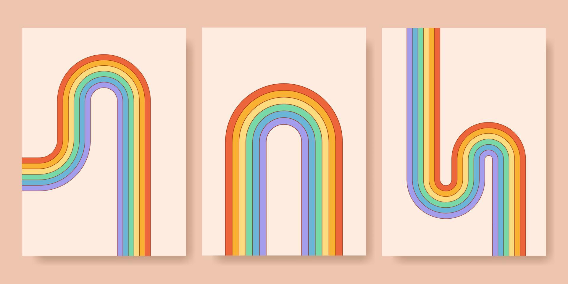 reeks van retro hippie lgbt gestreept affiches. homo en lesbienne abstract groovy symbolen in regenboog kleuren. vector