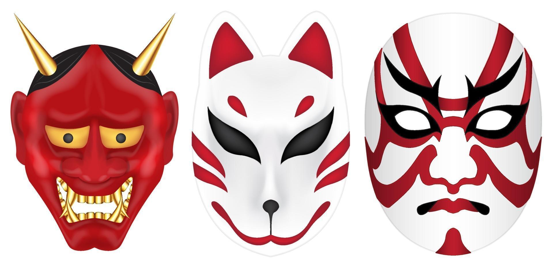 japanse duivel, vos en kabuki maskerset vector