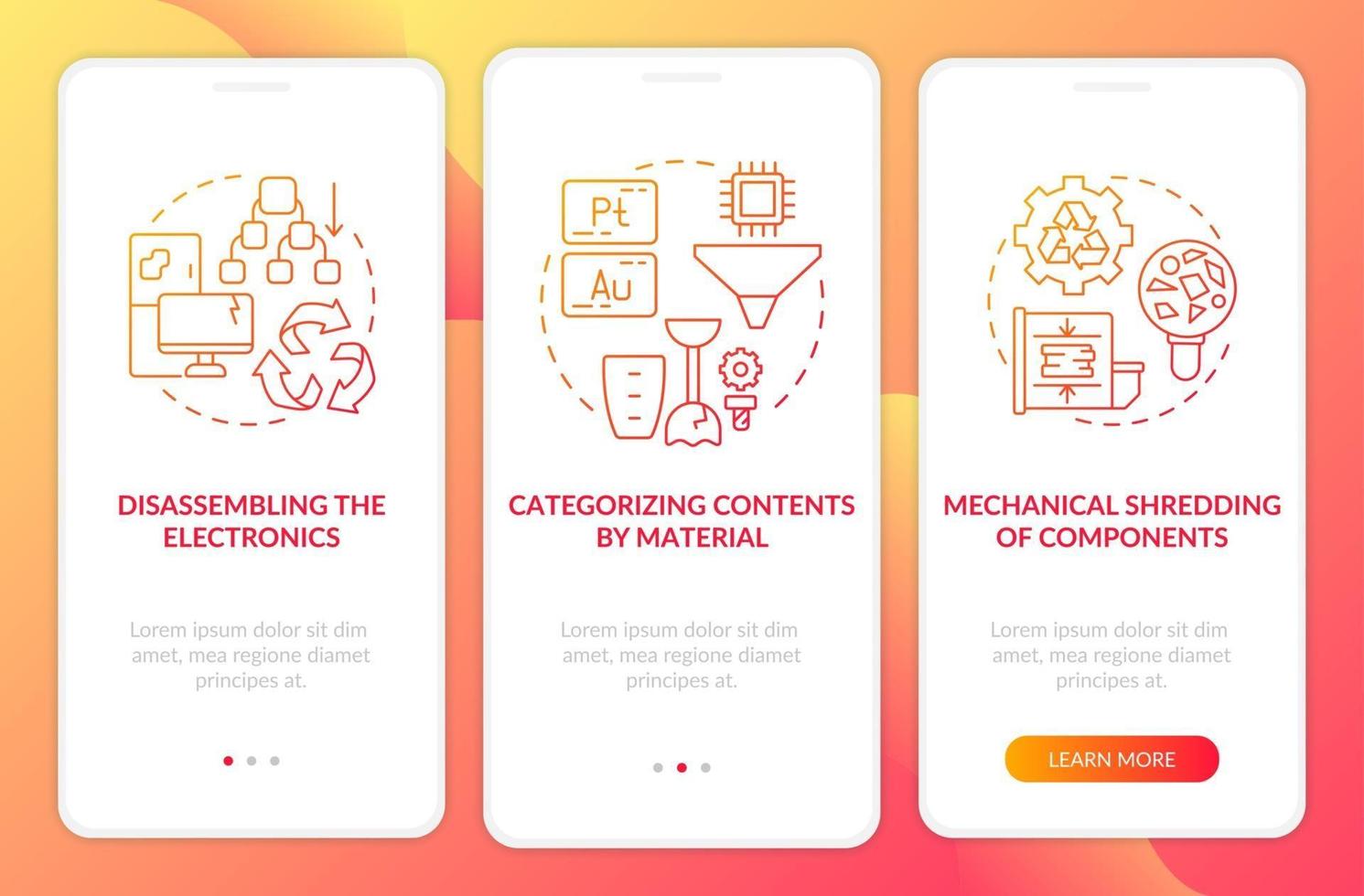 e-schrootrecycling onboarding mobiele app-paginascherm met concepten vector