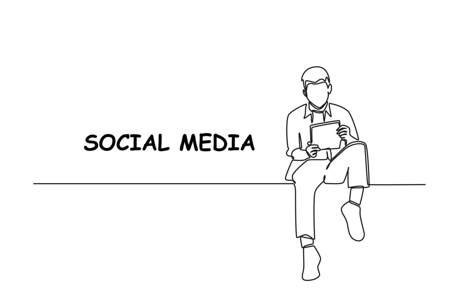 single een lijn tekening Mens zittend en spelen tablet. sociaal media concept. doorlopend lijn trek ontwerp grafisch vector illustratie.