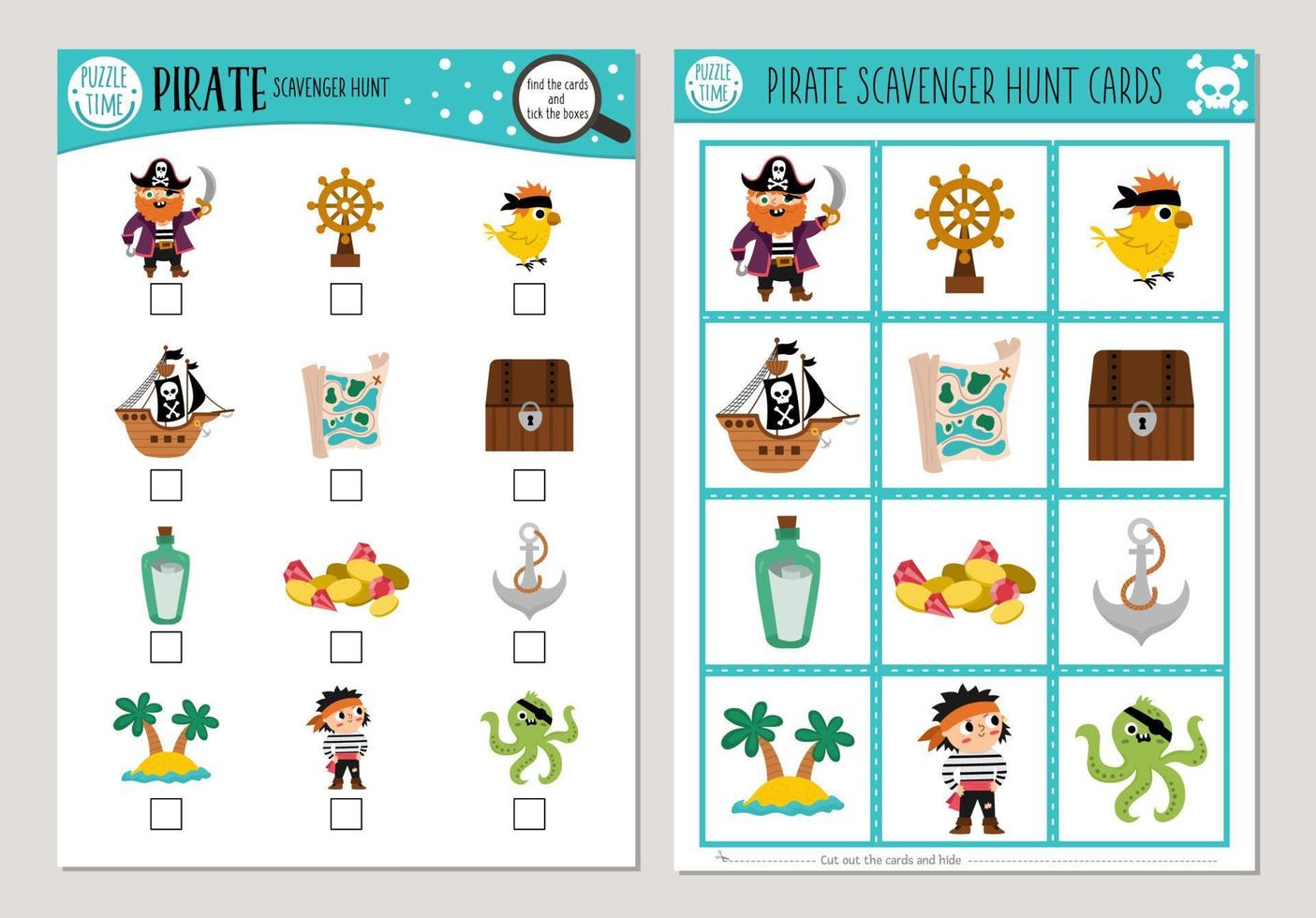 vector piraat aaseter jacht kaarten set. zoeken en vind spel met schattig piraat, schip, meermin voor kinderen. zee avonturen of schat eiland zoeken werkzaamheid. gemakkelijk leerzaam afdrukbare werkblad