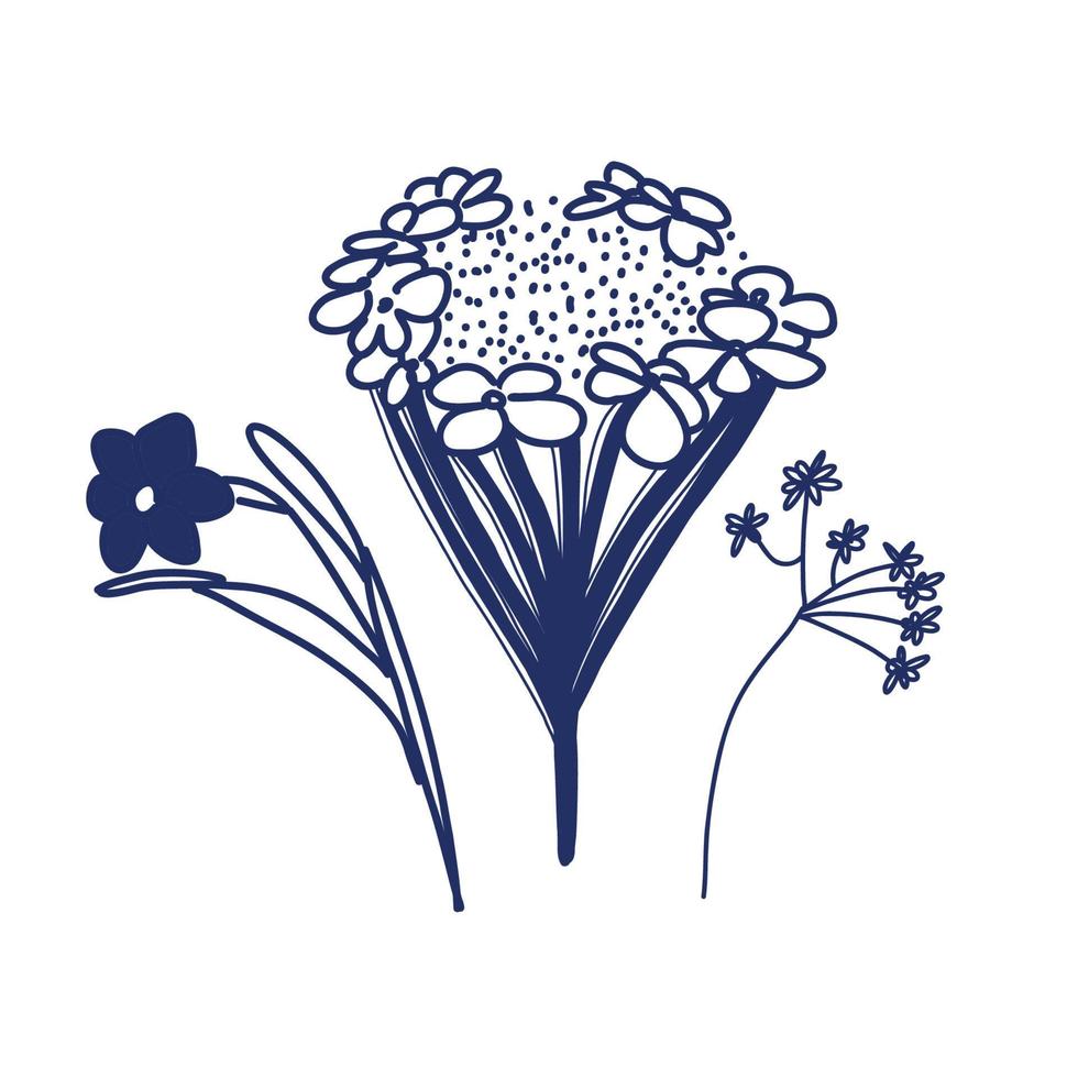 een reeks van bloemen getrokken in vector in blauw Aan een wit achtergrond. drie blauw veld- bloemen. voor afdrukken, creativiteit, scrapbooken, kleding stof.