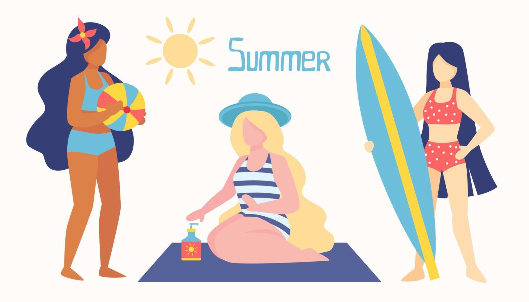drie Dames aan het doen zomer vrije tijd activiteiten Aan de strand, vector vlak ontwerp illustratie.