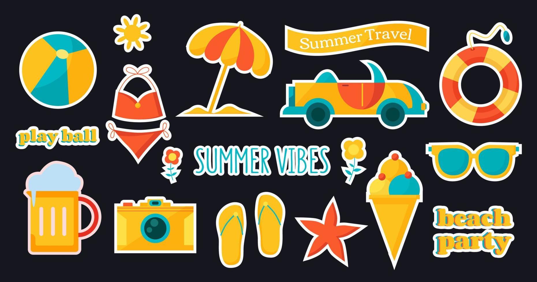 zomer vector sticker set, verzameling van etiketten met zomertijd vrije tijd items en voorwerpen, decoratief ontwerp elementen.