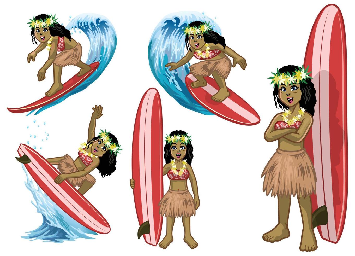 reeks van tekenfilm mooi hawaiiaans surfer meisje vector