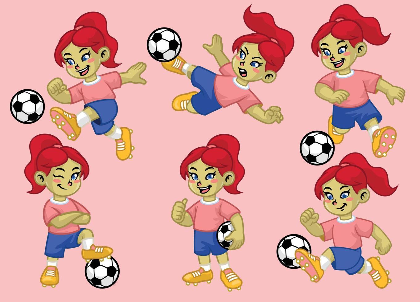 tekenfilm reeks van schattig meisje van voetbal speler vector