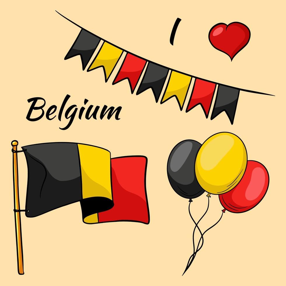 vlag van belgië. vlaggen en ballonnen in de kleuren van belgië. cartoon stijl. vector