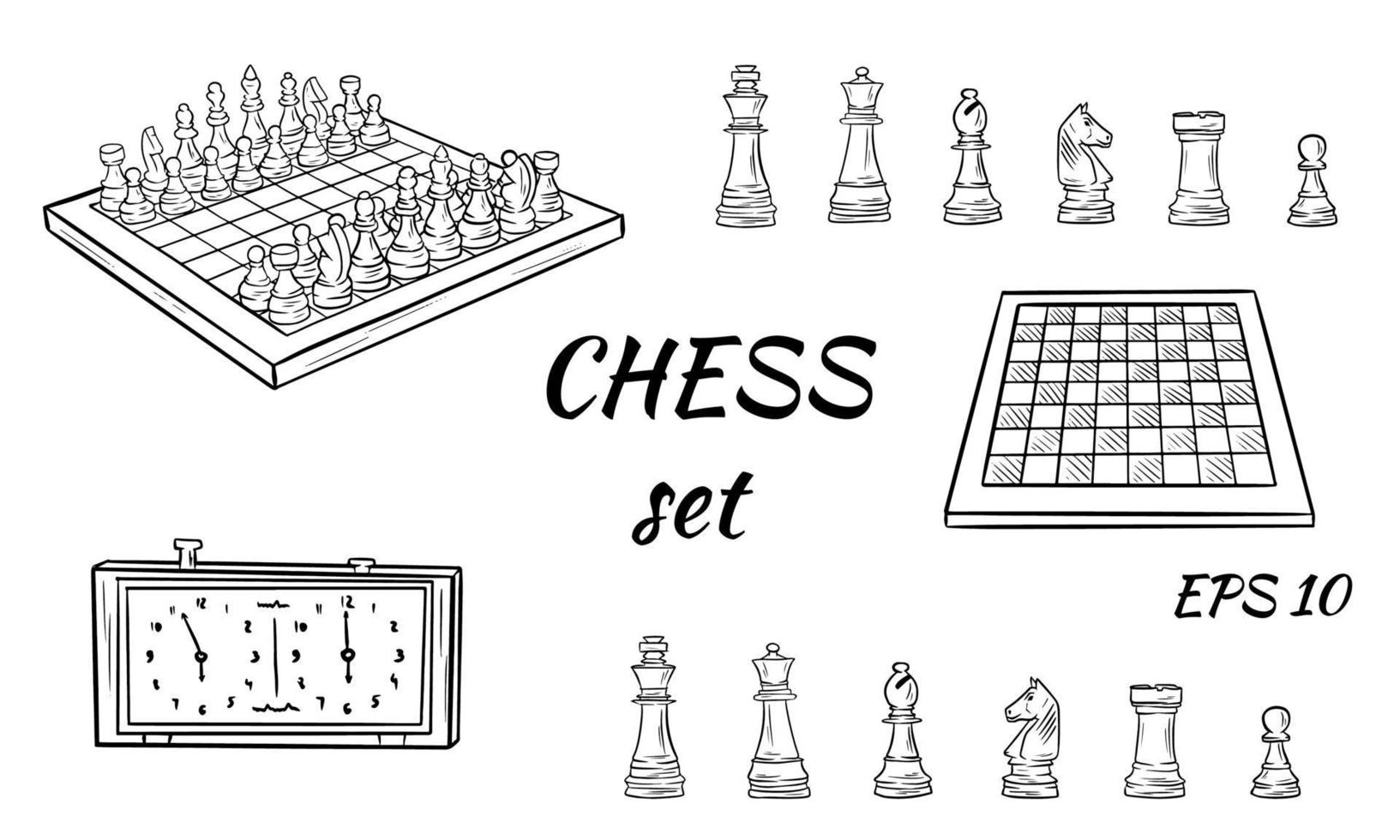 cartoon schaakstukken. vector koning, koningin bisschop en pion paard toren. schaakbord, klok. figuren. schaakspel stickers.