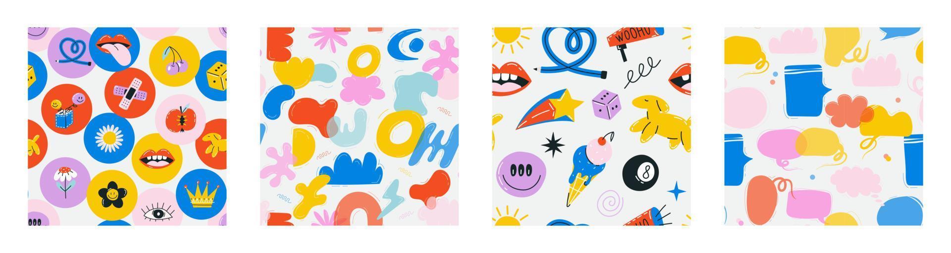 divers pleisters, pinnen, postzegels, stickers. grappig schattig grappig karakters. verschillend zinnen en woorden. hand- getrokken modieus vector illustratie. tekenfilm stijl. abstract plein naadloos patroon, behang