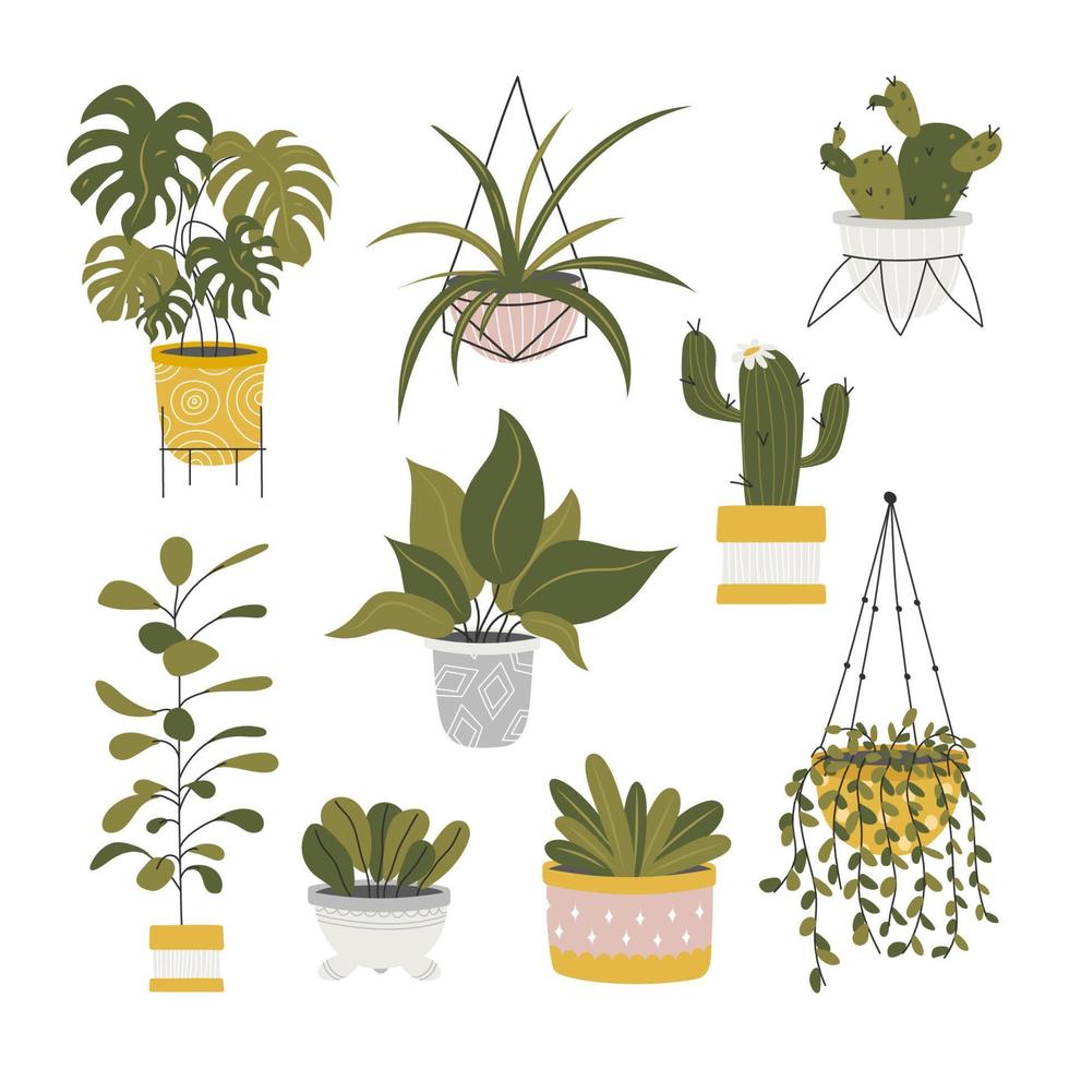 reeks van verschillend stickers van binnen- planten in bloem potten. exotisch planten, monstera en andere huis decoratief bloemen. vector voorraad illustratie. hand getekend stijl. stickers voor dagboek en notebook.