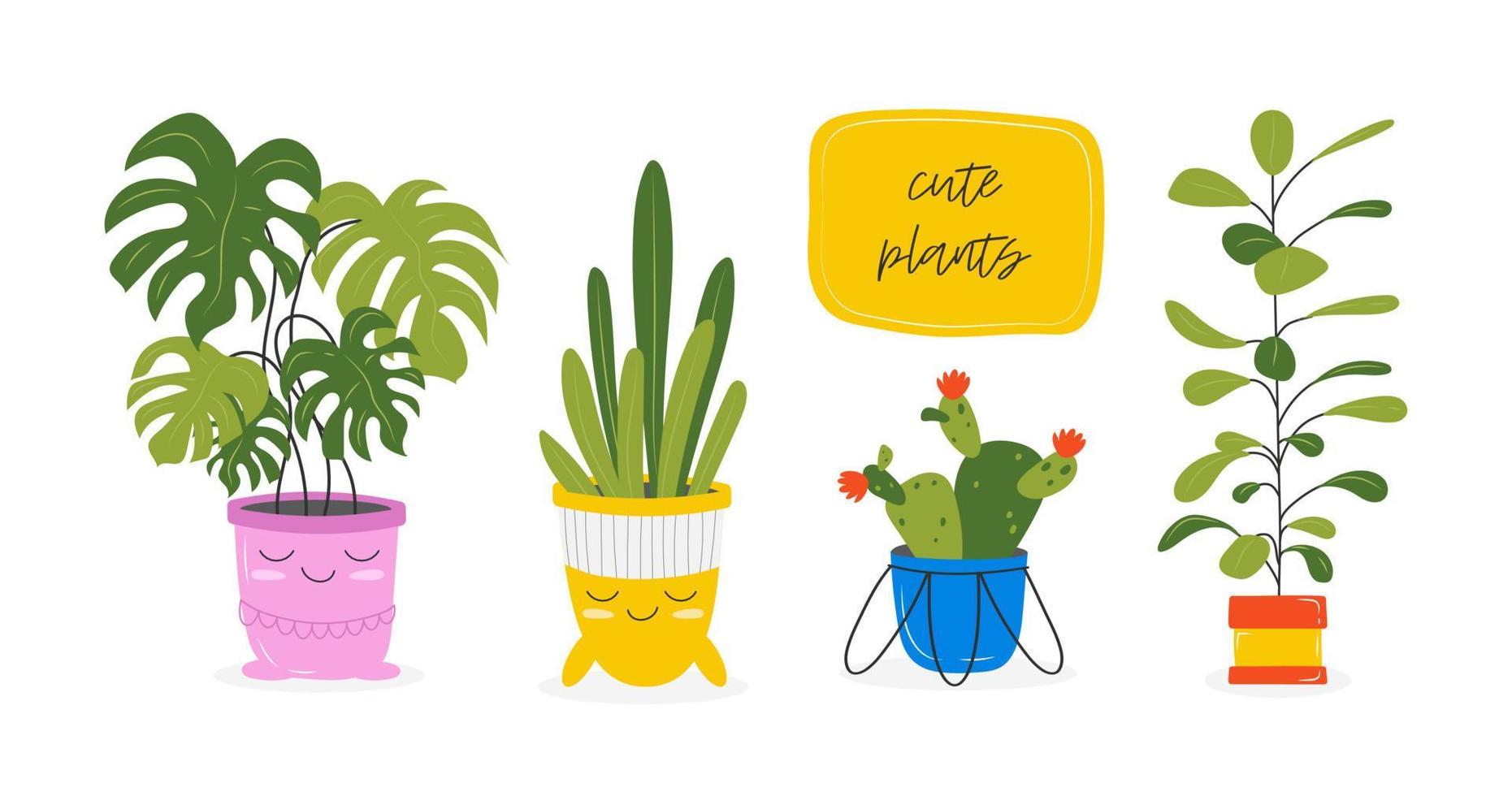 ansichtkaarten met een afbeelding van een kamerplant in een pot met een leuze over een vriend. schattig kawaii kamerplanten met laatste, planten zijn vrienden. vector illustratie geïsoleerd Aan wit achtergrond.