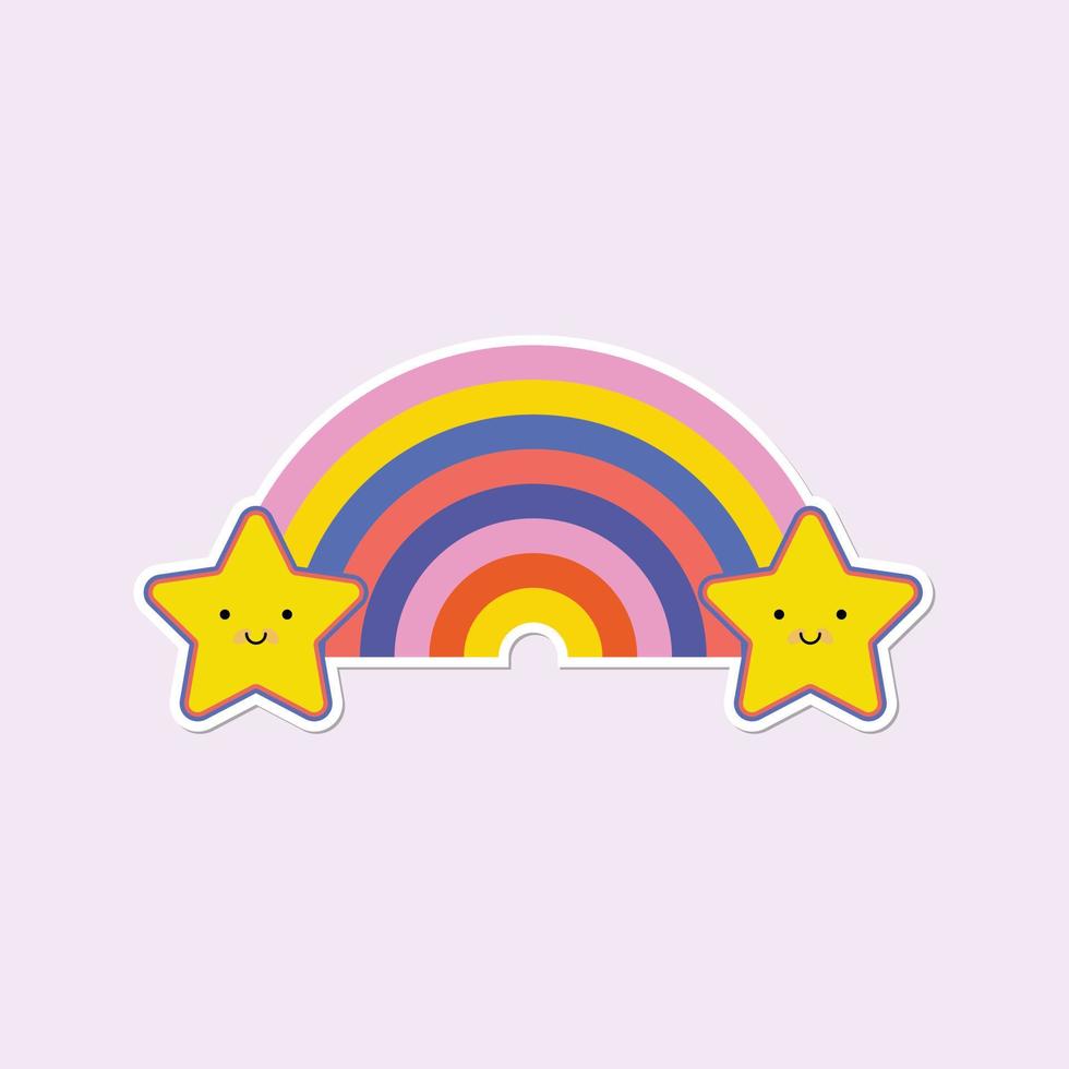schattig kawaii ster met retro regenboog afdrukken sticker vector illustratie