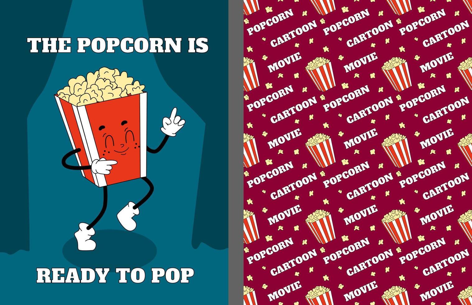 groovy popcorn karakter voor bioscoop pakket. retro stijl illustratie over tussendoortje voedsel. wijnoogst illustratie en film naadloos patroon vector