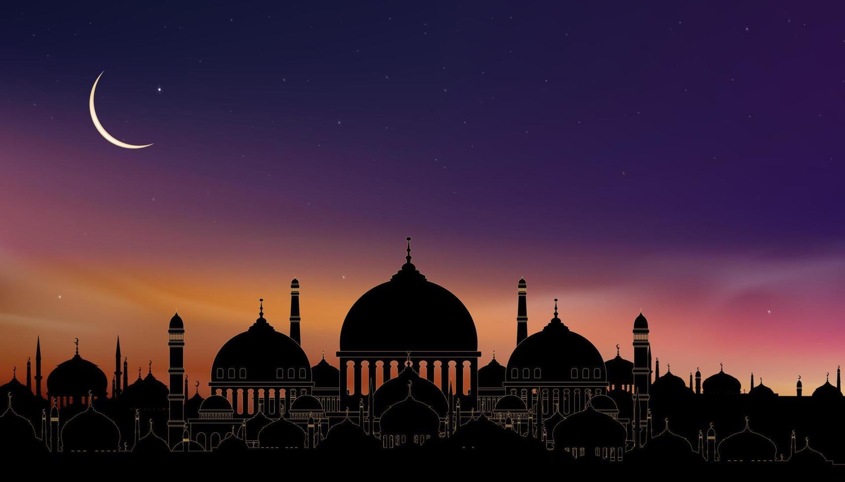 Ramadan kaart met moskeeën koepel, halve maan maan Aan blauw lucht achtergrond, verticaal banier Ramadan nacht met schemering schemer lucht voor Islamitisch religie, eid al adha,eid mubarak, eid al fitr, ramadan kareem vector