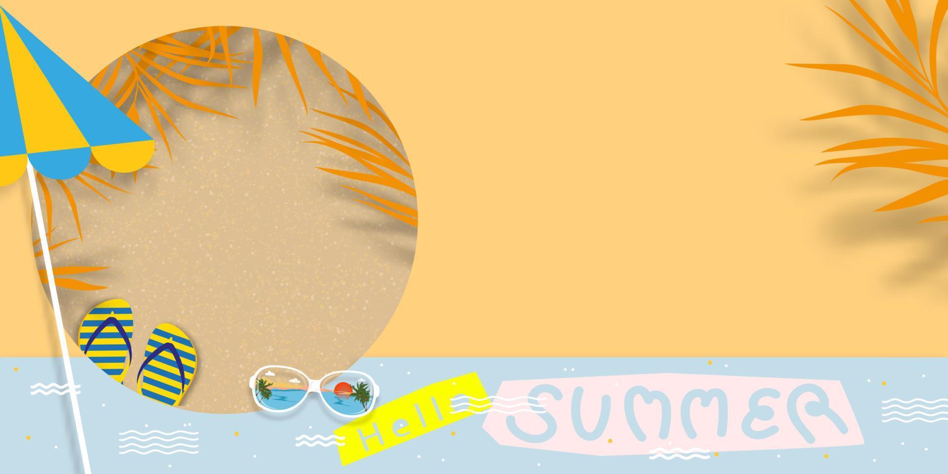 zomer tafereel achtergrond, vector papier besnoeiing tropisch zomer met kokosnoot bladeren, zonnebrillen, sandaal, paraplu. vlak leggen palm blad Aan geel zand strand achtergrond concept voor vakantie, reizen, verkoop, promotie