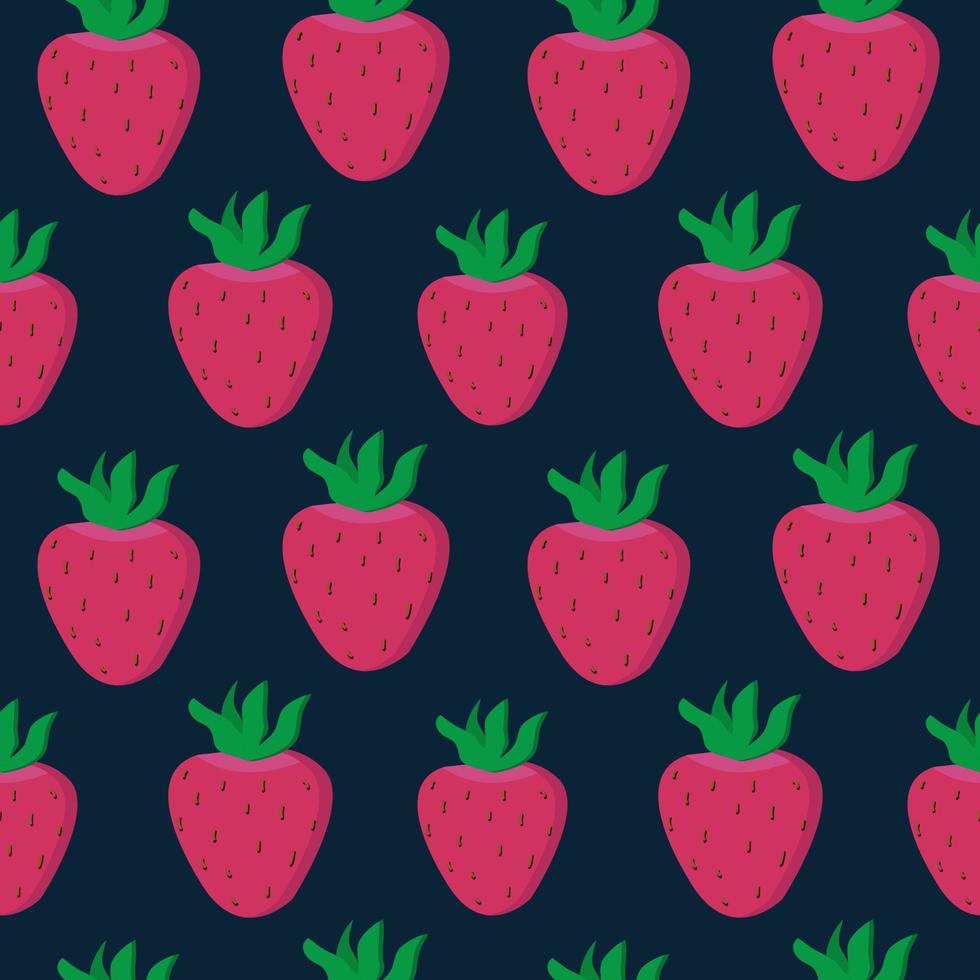 aardbei naadloos vector patroon. rood aardbeien en groen bladeren Aan donker blauw achtergrond