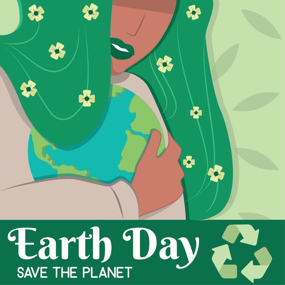 meisje karakter knuffelen planeet aarde aarde dag poster vector illustratie