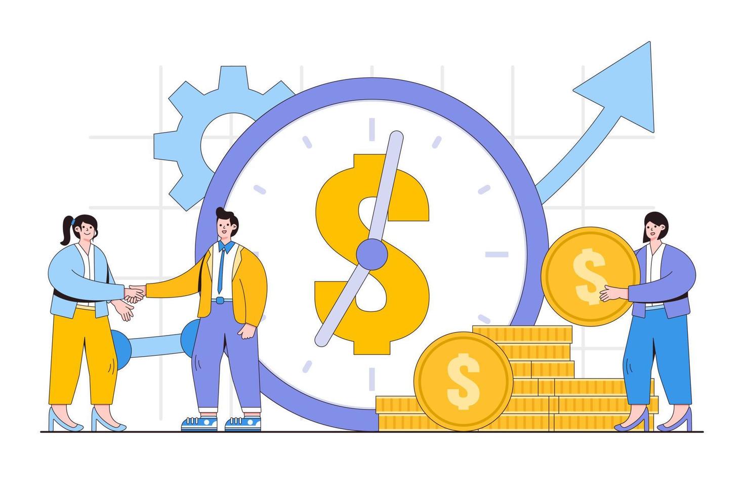 tijd is geld, bedrijf financiering en investering concept. zakenman en zakenvrouw handdruk. schets ontwerp minimaal vector illustratie voor landen bladzijde, web banier, infografieken, held afbeeldingen