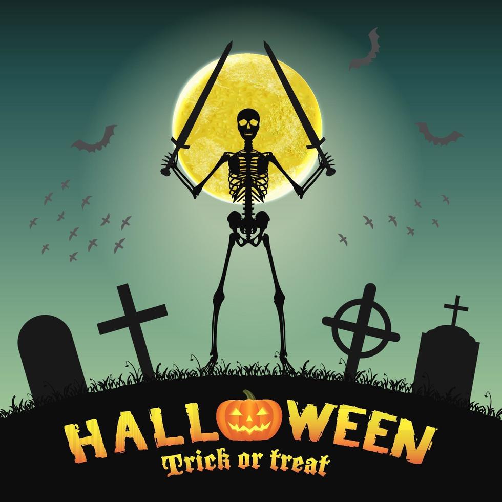 halloween skeleton krijger op een nachtkerkhof vector