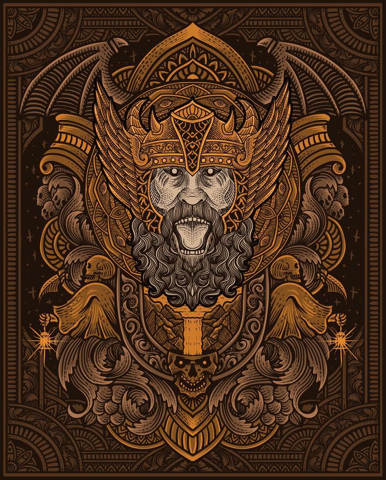 illustratie van boos viking hoofd met wijnoogst gravure ornament in terug perfect voor uw bedrijf en handelswaar vector