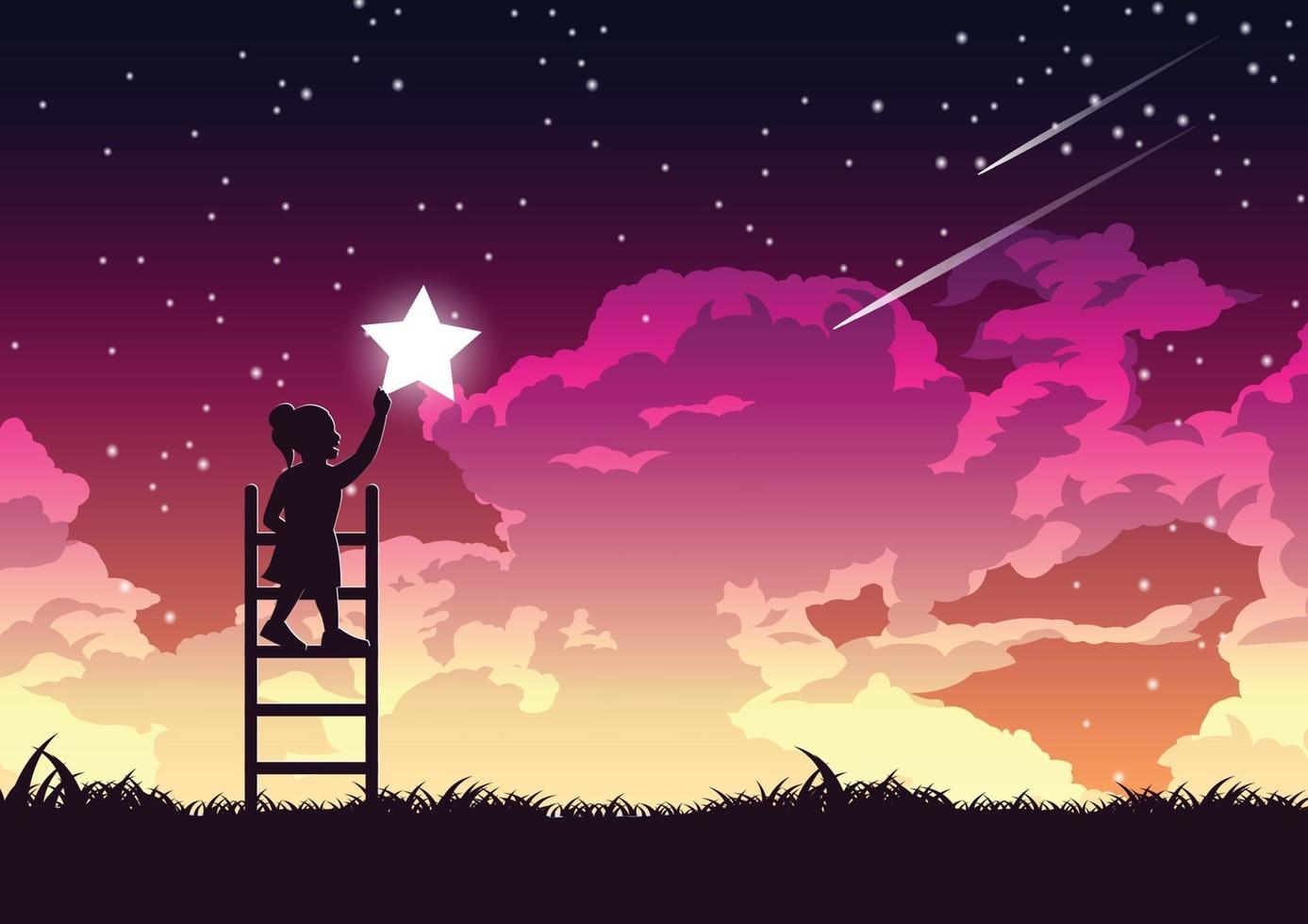 silhouet van meisje op ladder om ster te houden vector