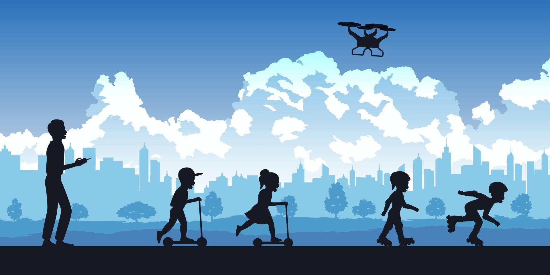 silhouet van mensen in park, ouders en kinderen spelen met drone vector