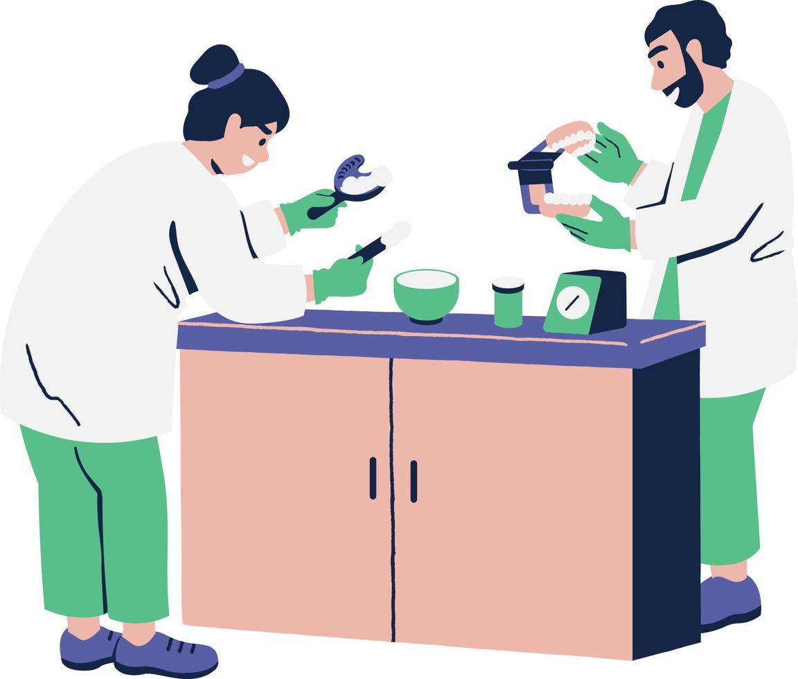 mannetje en vrouw wetenschapper werken in laboratorium. Mens en vrouw in laboratorium jas maken chemisch experiment in laboratorium. vector illustratie in vlak stijl