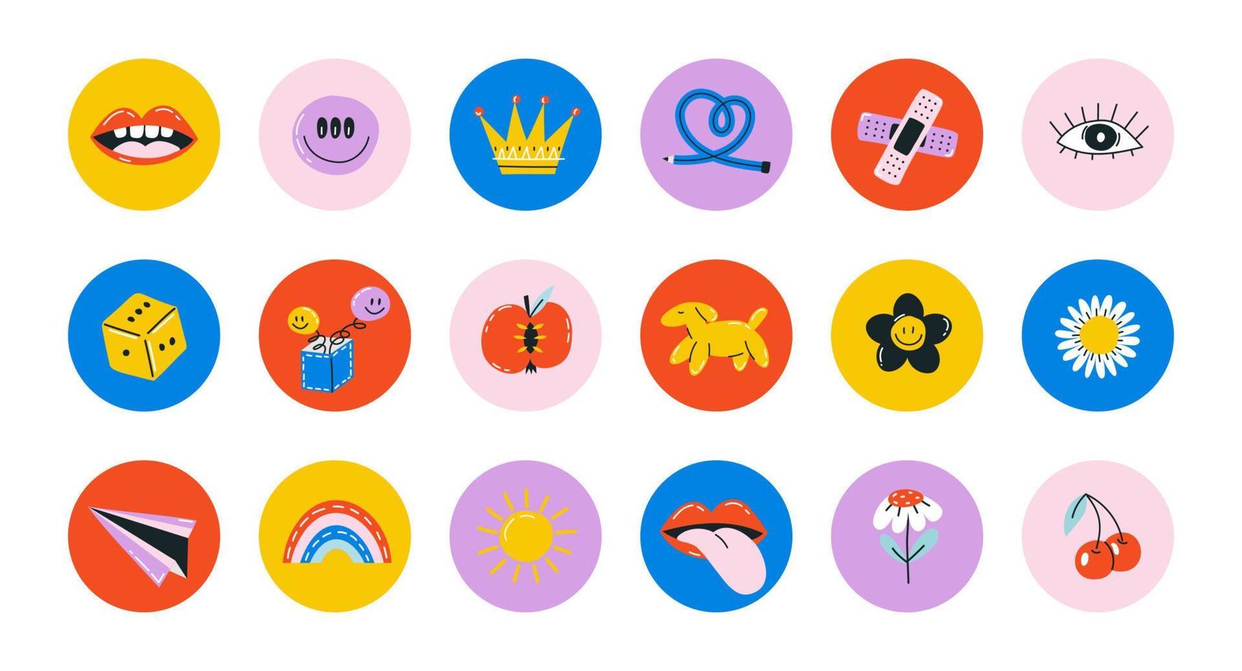 groovy hippie jaren 70 icoon set. grappig tekenfilm bloem, regenboog, vrede, liefde, hart, madeliefje, paddestoel enz. sticker pak in modieus retro psychedelisch tekenfilm stijl. geïsoleerd vector illustratie. sociaal media