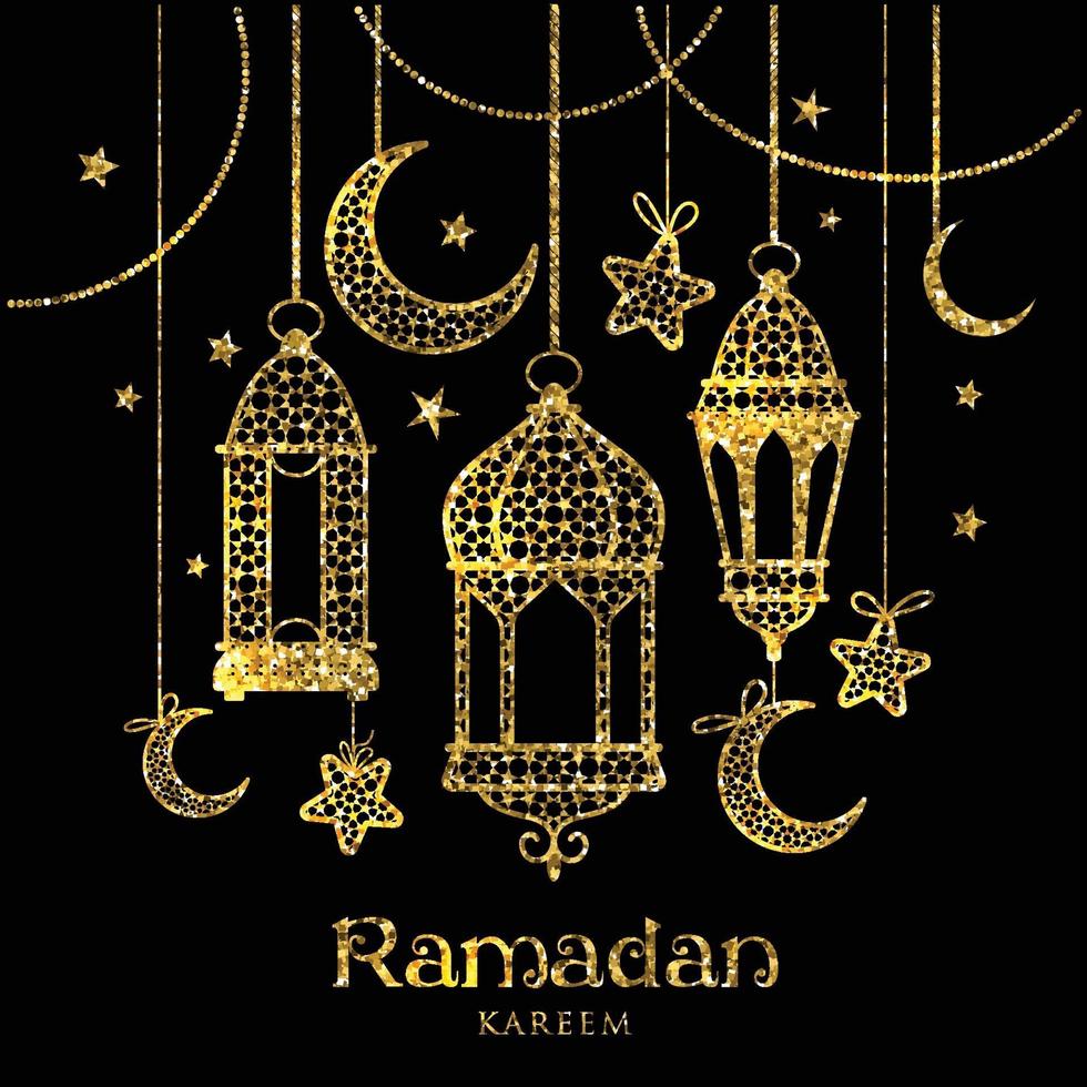 wenskaart ramadan kareem-ontwerp met lampen en manen. vector