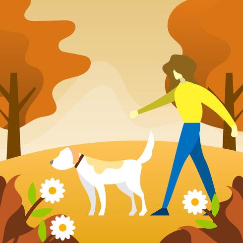 Het vlakke Menselijke Spelen met hond dierlijke vriend met landschaps vectorillustratie als achtergrond vector