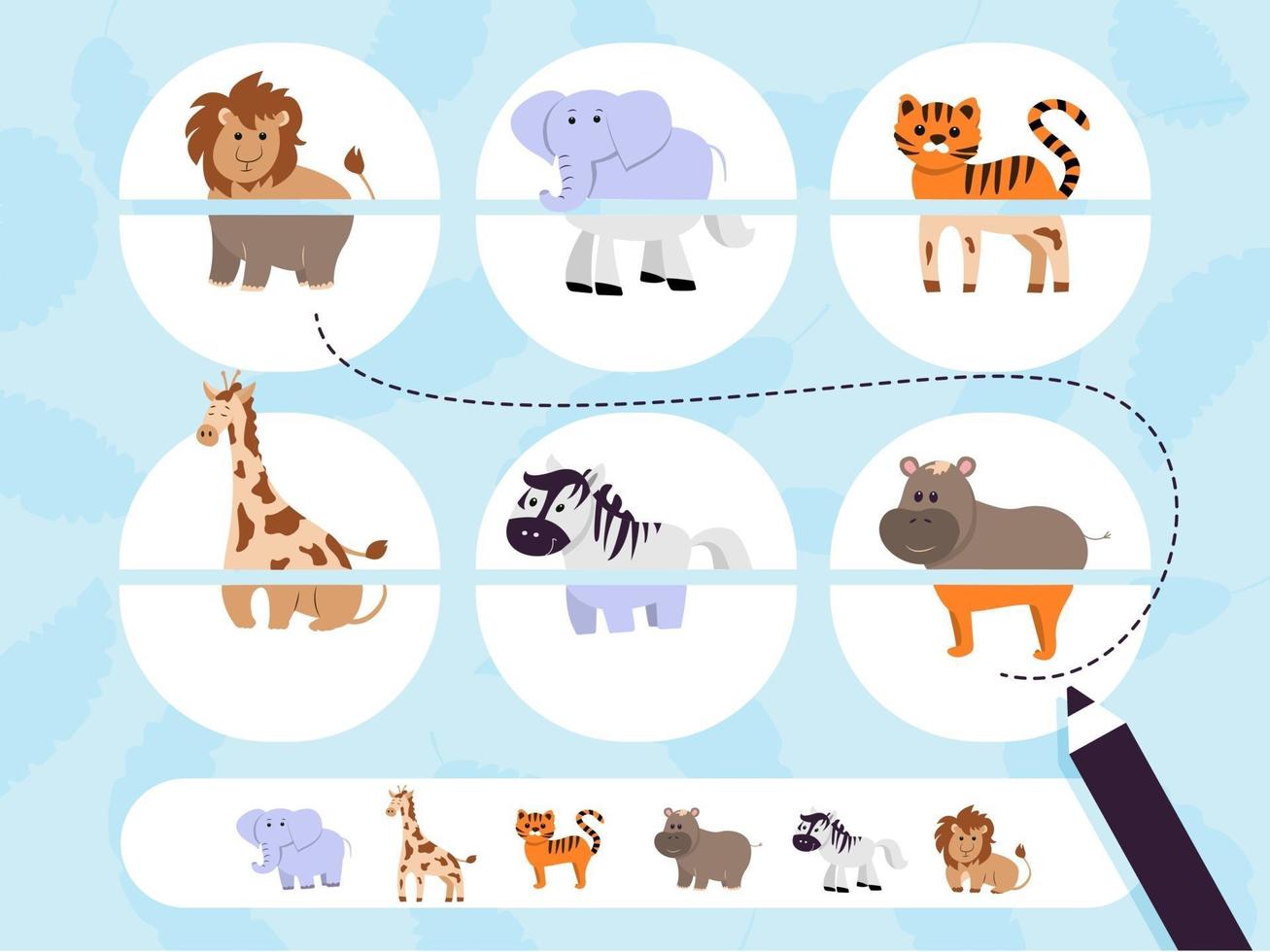 puzzelspel voor kinderen in de voorschoolse en schoolgaande leeftijd. verzamel foto's. een vermakelijk spel voor kinderen met wilde safaridieren. vector illustratie