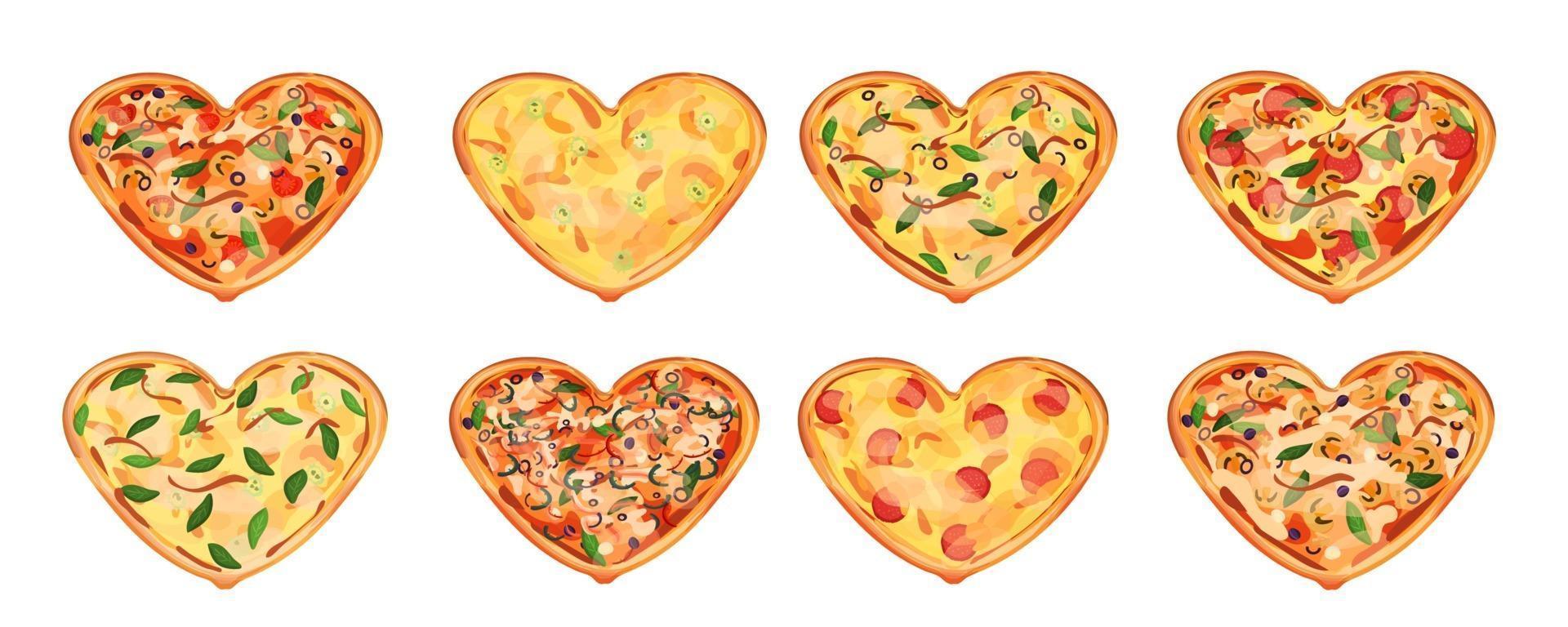 set van acht hartpizza's met verschillende ingrediënten geïsoleerd op een witte achtergrond. mogelijk cadeau voor Valentijnsdag. basilicumblaadjes zijn rond vector