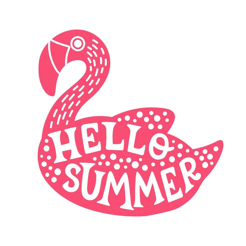 roze flamingo met de woord Hallo zomer Aan het. Hallo zomer belettering. vlak vector illustratie. zomer clip art. pastel kleuren.