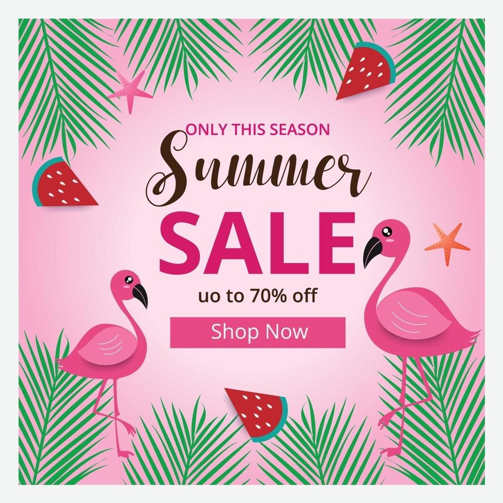 zomer verkoop sjabloon voor spandoek en achtergrond met flamingo. hete seizoen kortingsaffiche. plat ontwerp. vector illustratie.