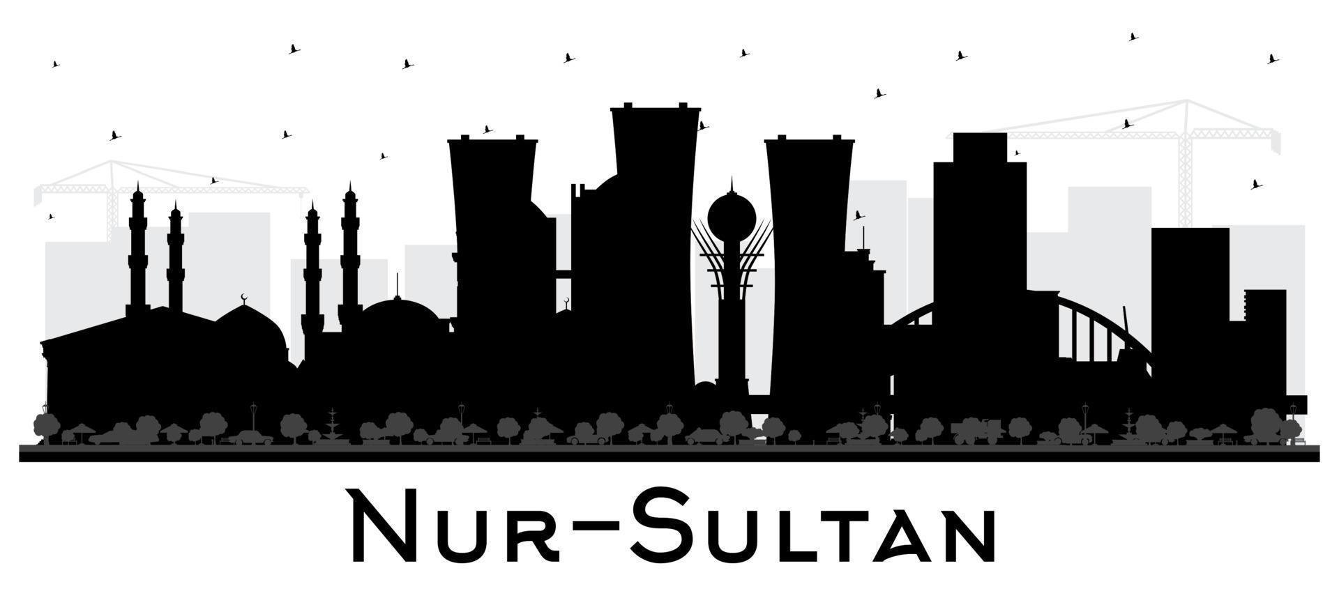 nur-sultan Kazachstan stad horizon silhouet met zwart gebouwen geïsoleerd Aan wit. nur-sultan stadsgezicht met oriëntatiepunten. vector