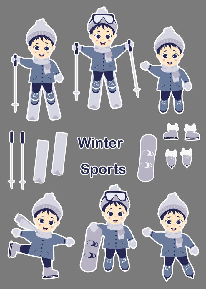 kinderen winter. set stickers - schattige jongen is skiën, schaatsen en snowboarden in verschillende poses. wintersport. vector illustratie. kindercollectie voor ansichtkaarten, ontwerp en print