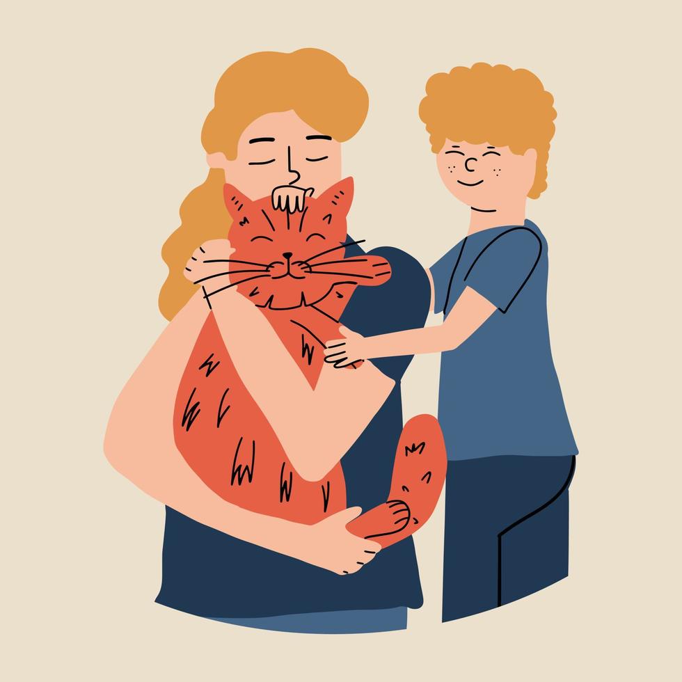 de concept van emotioneel ondersteuning dier. mama, zoon en hun kat. de jongen is kinderboerderij zijn huisdier. vector illustratie in hand- getrokken stijl