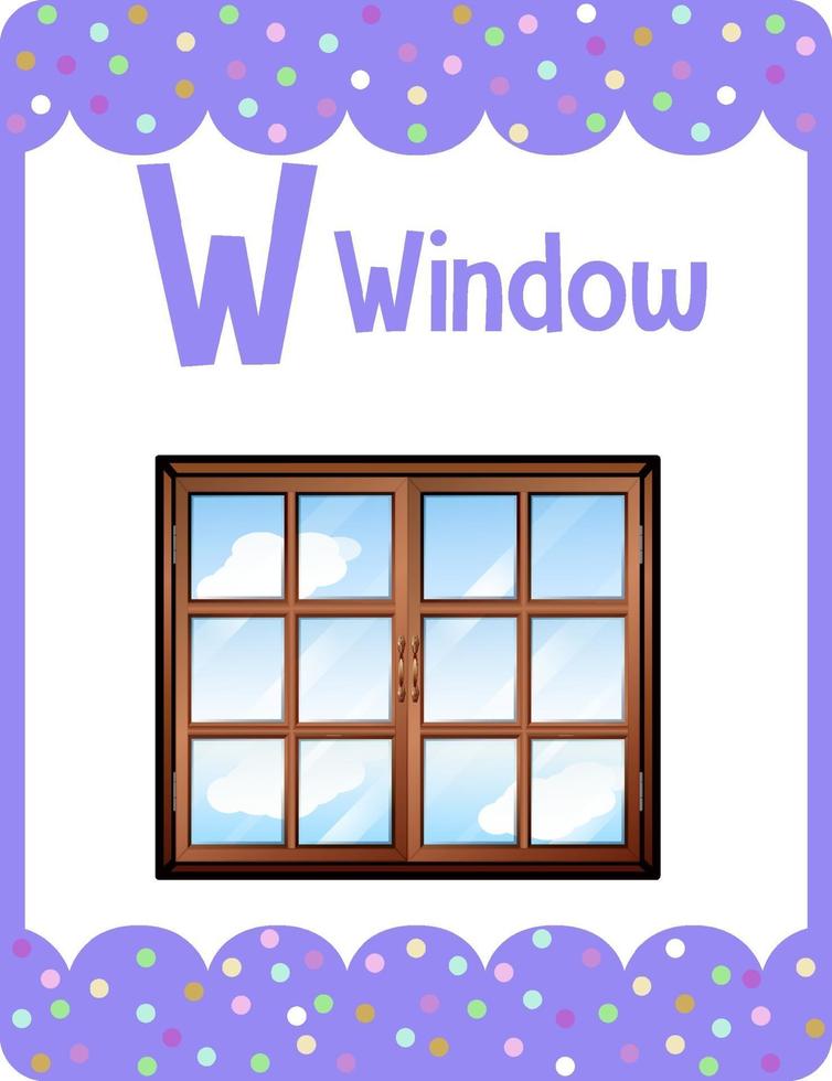 alfabet flashcard met letter w voor venster vector