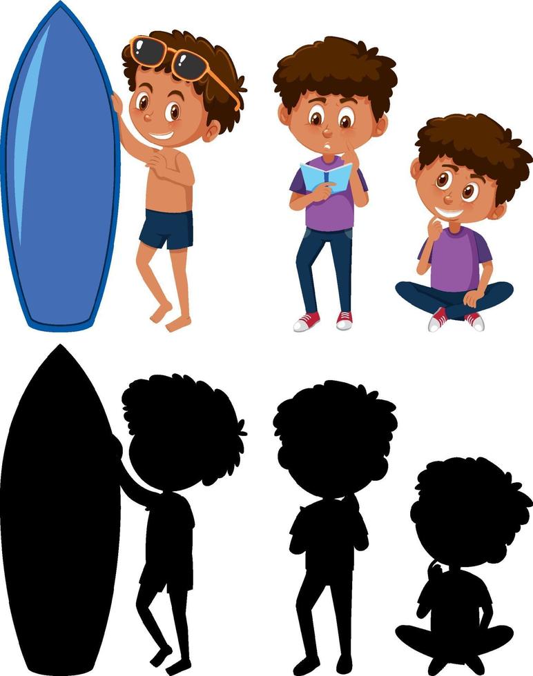 set van een jongen stripfiguur in verschillende posities met zijn silhouet vector