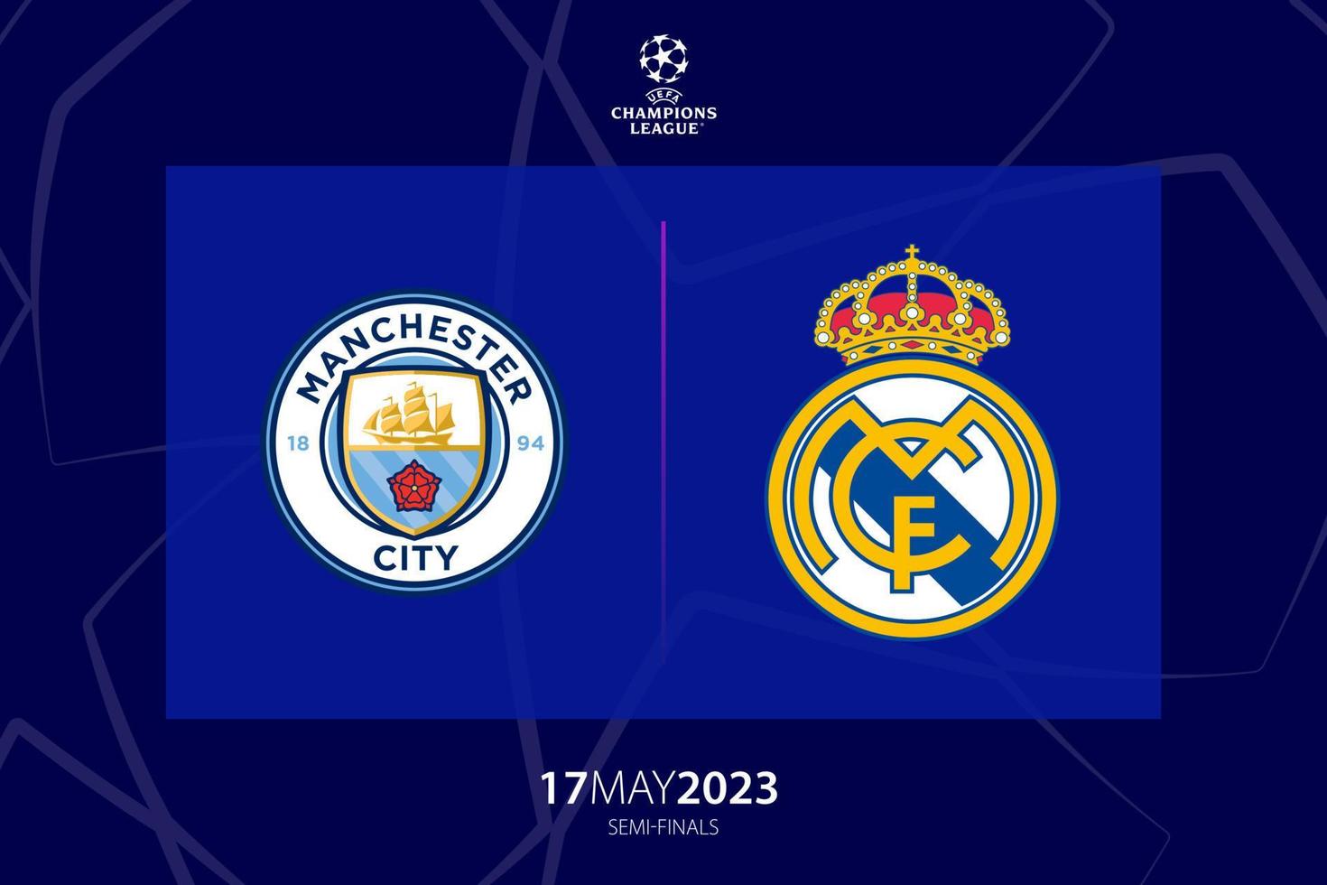 uefa kampioenen liga 2023 halve finale tussen Manchester stad versus echt Madrid, spel twee. tbilisi, Georgië - april 20, 2023. vector