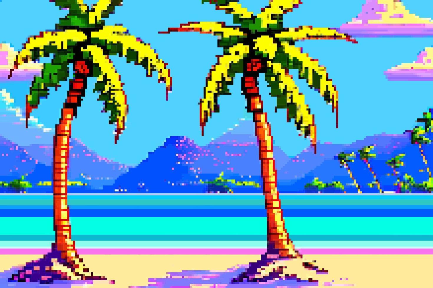 landschap 8 bit pixel kunst. zomer natuurlijk landschap. zomer oceaan strand, landschap speelhal video spel achtergrond vector