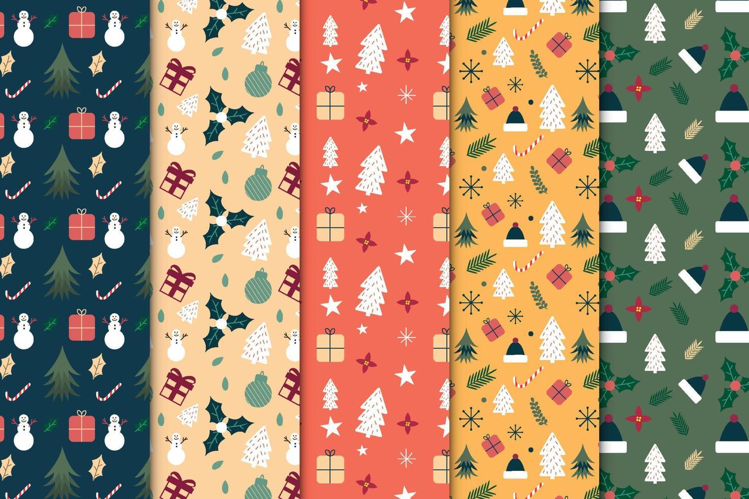 creatief naadloos patroon bundel decoratie Aan donker en rood achtergronden. Kerstmis eindeloos patroon verzameling met sneeuwman, pijnboom boom, en geschenk pictogrammen. Kerstmis abstract patroon reeks voor geschenk kaarten. vector