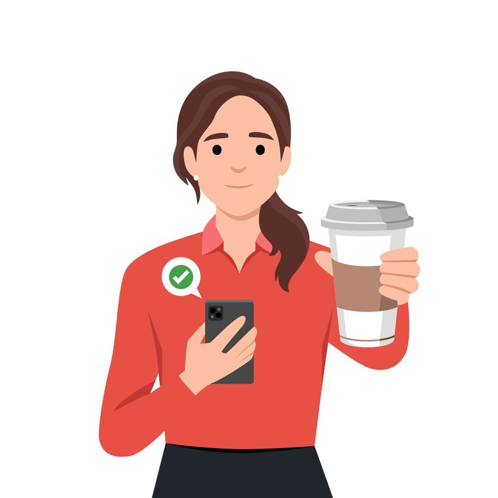 vrouw Holding telefoon en koffie nemen weg kop in een hand. vrouw bestellen koffie online met haar telefoon. vector