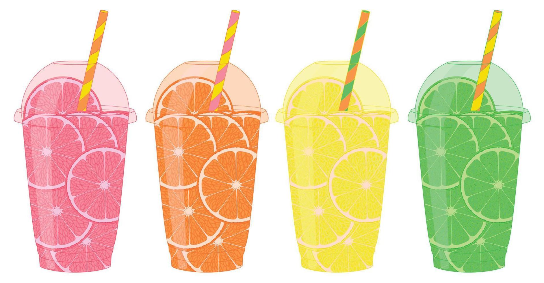 vijf plastic cups met fruit plakjes. oranje, citroen, groen citroen, grapefruit en citrus vruchten. kleur illustratie. vector