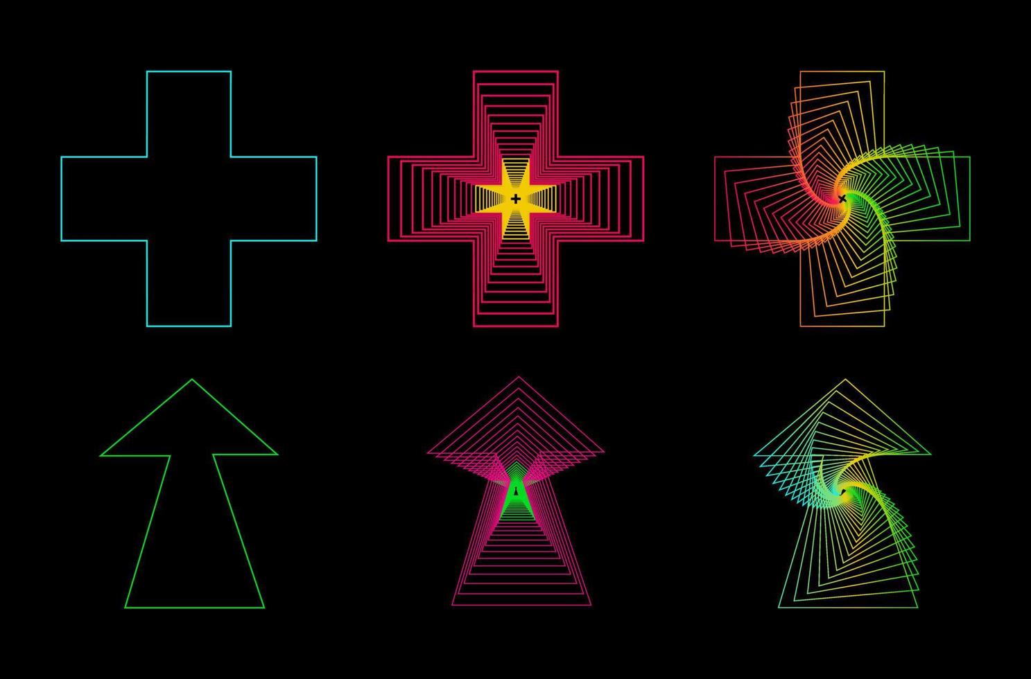 neon pijl, neon kruis. lineair abstract meetkundig vormen van neon kleuren Aan zwart achtergrond. neon teken. gloeiend icoon Aan donker achtergrond. vector illustratie