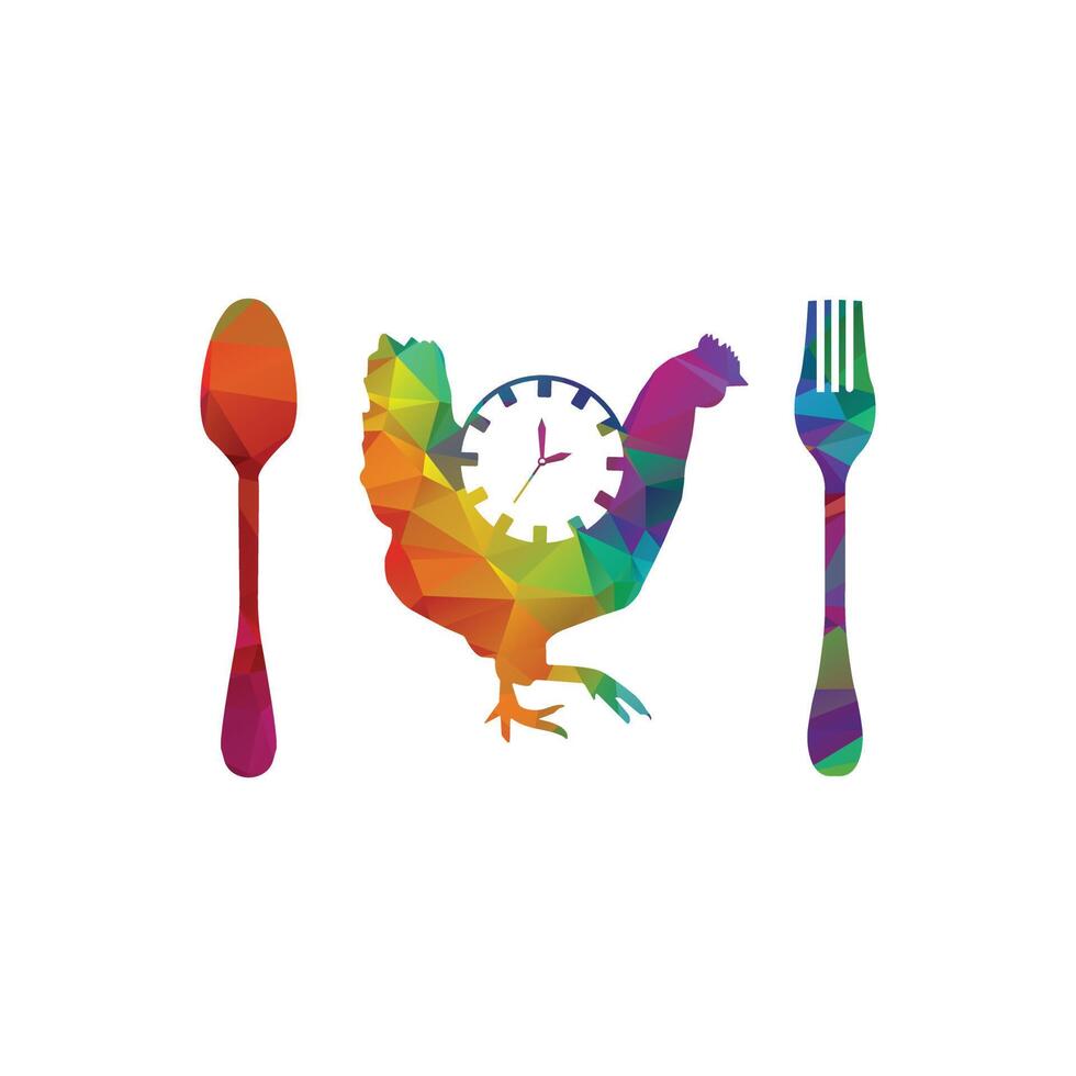 kip en lepel vector logo ontwerp sjabloon. voedsel en klok icoon.