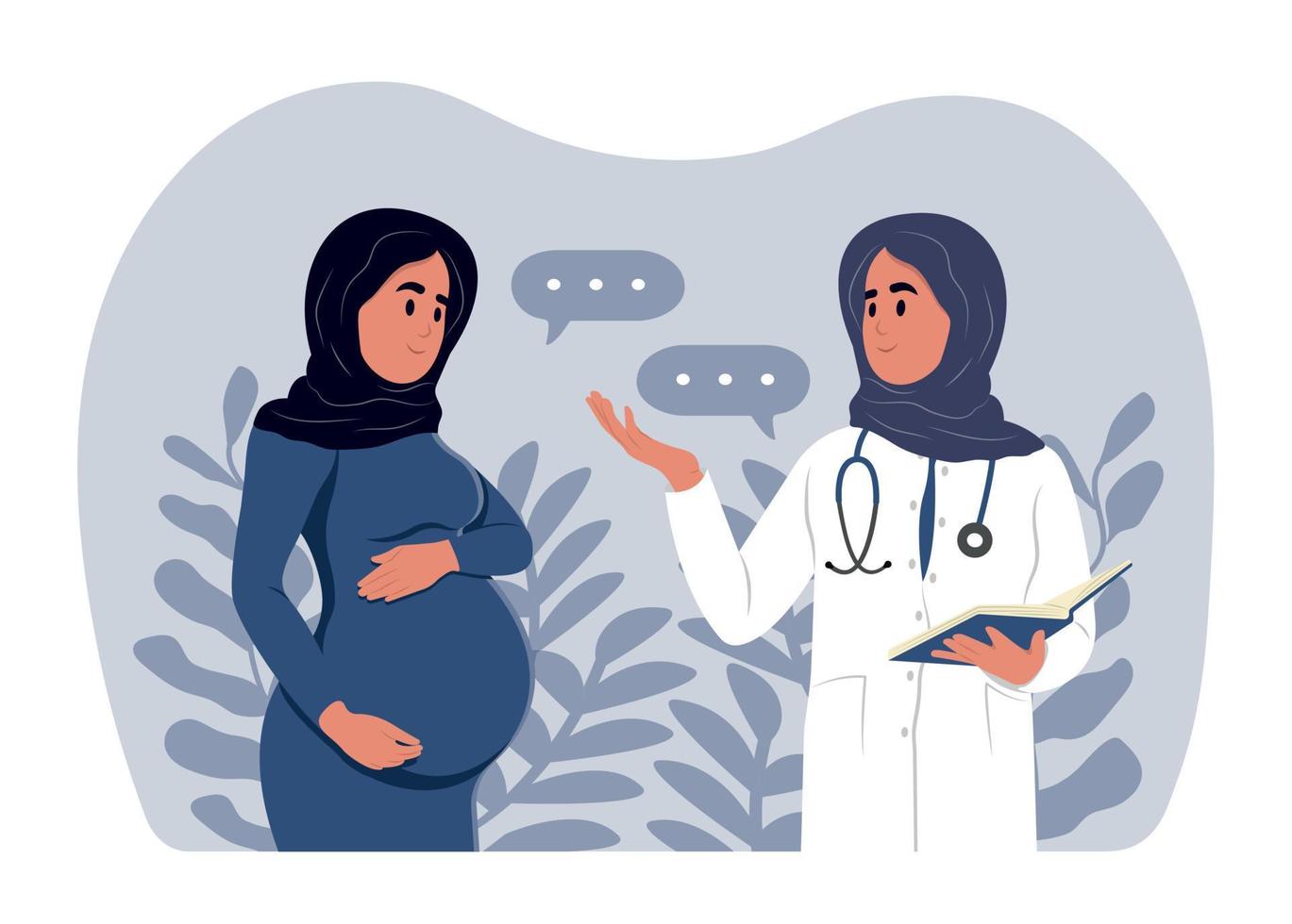 moslim vrouw ervan uitgaand een baby bezoeken de artsen kantoor, examen gedurende zwangerschap. een zwanger vrouw is pratend naar een verloskundige gynaecoloog. vector